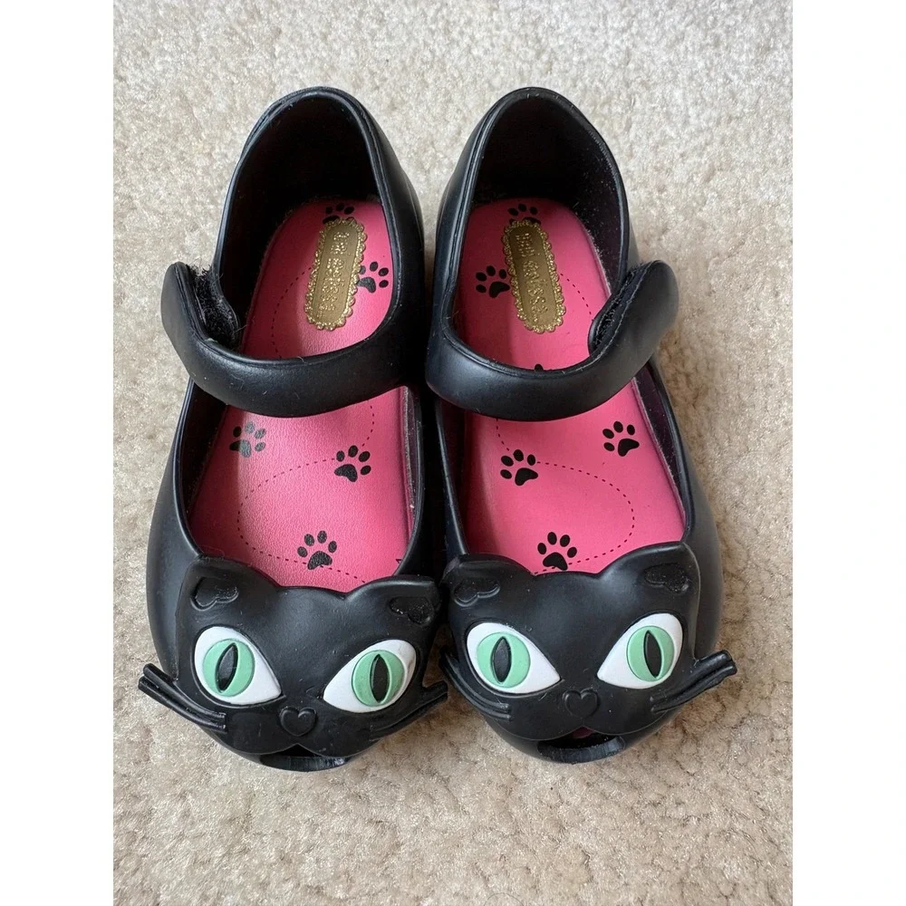 Mini Melissa Black Cat Mary Janes with Pink Insole and Green Eyes